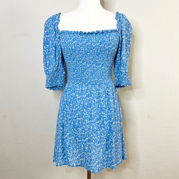 Reformation Dresses & Skirts - Reformation Elle Dress Blue Floral Smocked Mini Square Neck Puff Sleeve Size 8